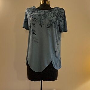 Elegant Blue Leaf Pattern Short Sleeve Top